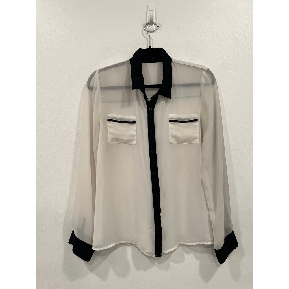 Sheer White Career Blouse Women L Black Trim Button Up Office Work Top Mine